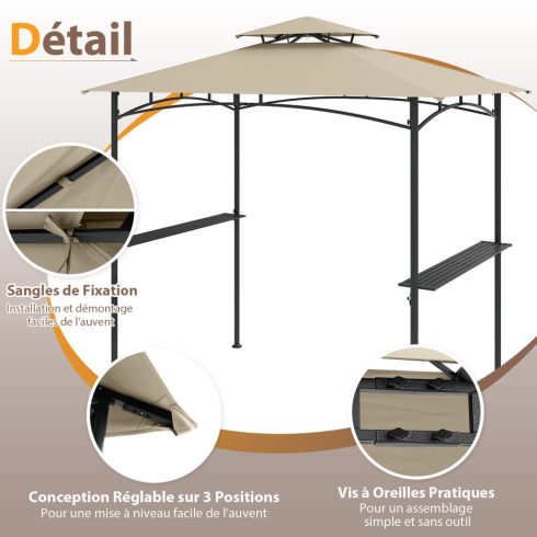 Grill pavilon 242 x 150 cm, kétszintes kültéri lombkorona 2 polccal, 6 kampóval, fém kerettel, puha tetővel, bézs színű belső udvarral