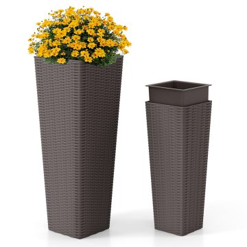   2 db virágtartó készlet belső cserépvel 82 cm / 60 cm magas rattan ültetvények egymásra rakható virágcserepek vízelvezető lyukakkal barna
