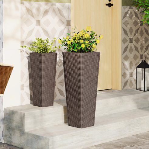 2 db virágtartó készlet belső cserépvel 82 cm / 60 cm magas rattan ültetvények egymásra rakható virágcserepek vízelvezető lyukakkal barna