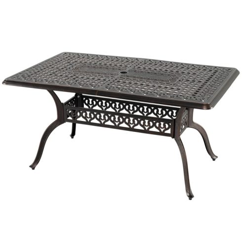 Öntött alumínium kerti asztal 6-8 fő részére napernyőlyukkal, Vintage étkezőasztal, 150 x 90 x 73 cm, 150 kg teherbírás, bronz