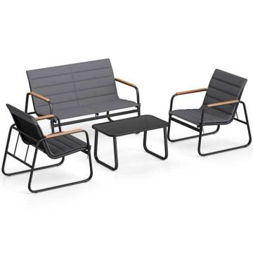   Kerti bútorkészlet 2 székkel, paddal, asztallal & párnák, kültéri nappali bútorok, ülőgarnitúra, szürke