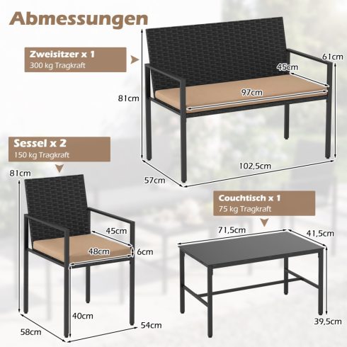 4 részes kerti bútorkészlet, kültéri rattan székek & ülőke edzett üveg dohányzóasztallal, barna