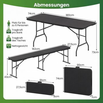   Összecsukható rattan megjelenésű kerti asztal HDPE asztallappal és hordozó fogantyúval, kempingasztal, fekete