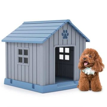   Műanyag kutyaház kis és közepes kutyák számára, vízálló és szigetelt kennel szellőzéssel és megemelt padlóval, erős kék kennel