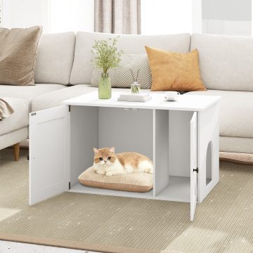   80 x 53 x 50 CM Fa Belső Macska Ház Elválasztóval és Kiscica Mosdóval a Nappaliba - Fehér
