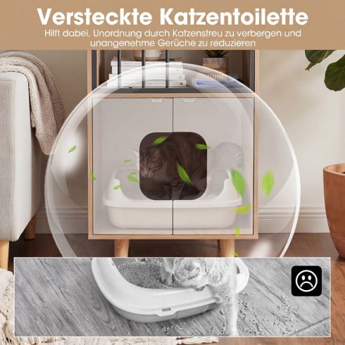 Macskaalom doboz záróelem polccal és 2 ajtóval, fából készült, ház alakú, beltéri használatra, természetes.