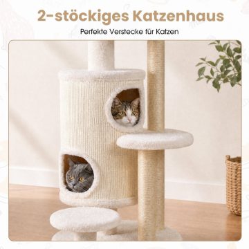   150 cm magas macskafa, 6 szintes karcolóoszlop, 2 macskabarlang és szizál karcolóoszlopok, fehér