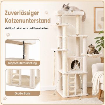   194 cm magas modern macska fa benti macskák számára, bútorral, felső pihenőhellyel és szizál kaparóoszlopokkal - Bézs