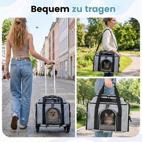 Összecsukható kisállat szállító kerekekkel, légitársaság által jóváhagyott gördíthető macska- és kutyahordozó - Szürke