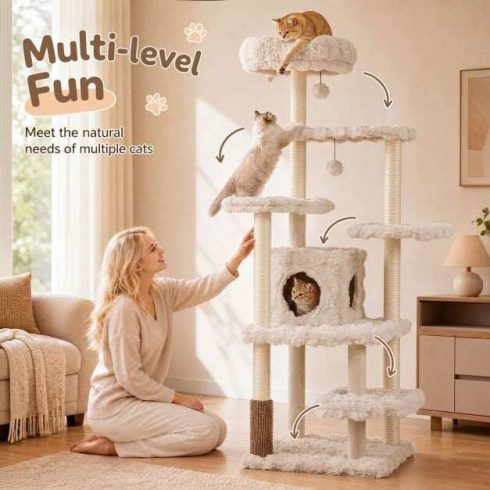 170 cm-es macskafa és macskakaparó oszlop Cat Cave, bézs színnel