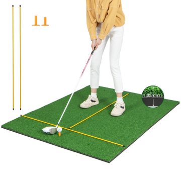   Műfüves szőnyeg beltéri és kültéri golfgyakorláshoz, 2 gumi pólót és 2 32 mm-es igazítóbotot tartalmaz