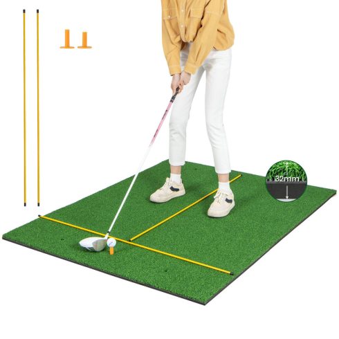 Műfüves szőnyeg beltéri és kültéri golfgyakorláshoz, 2 gumi pólót és 2 32 mm-es igazítóbotot tartalmaz