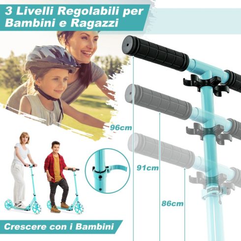 Robogó tinédzsereknek és felnőtteknek 2 világító kerékkel, fékkel, 110 kg teherbírású, összecsukható robogó, zöld