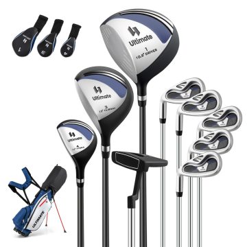   Balkezes állványos golfütők komplett készlet #1 Driver 460CC Wood #3 Hybrid #4 fejvédővel #6 #7 #8 #9 Irons Blue