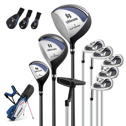 Balkezes állványos golfütők komplett készlet #1 Driver 460CC Wood #3 Hybrid #4 fejvédővel #6 #7 #8 #9 Irons Blue