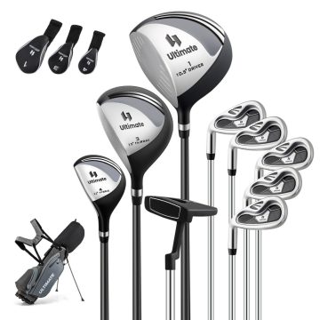   Balkezes állványos golfütők komplett készlet #1 Driver 460CC Wood #3 Hybrid #4 fejvédővel #6 #7 #8 #9 Irons Grey