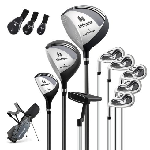 Balkezes állványos golfütők komplett készlet #1 Driver 460CC Wood #3 Hybrid #4 fejvédővel #6 #7 #8 #9 Irons Grey