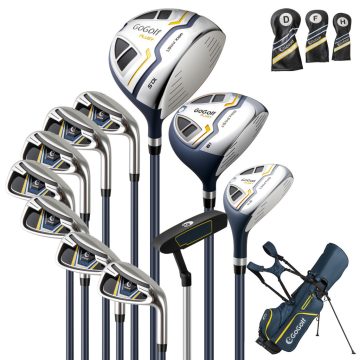   15 részes komplett golfütő készlet golftáskával és sárga esővédővel