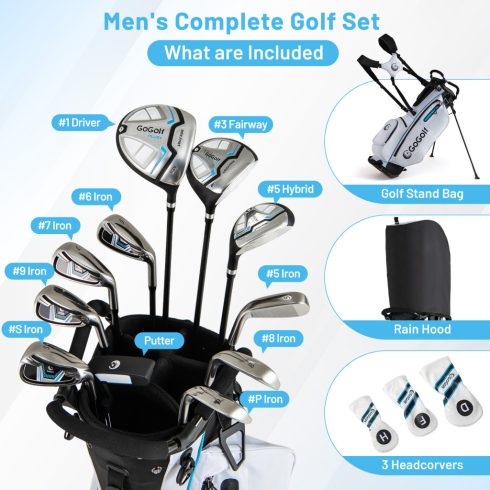 15 részes komplett golfütő készlet golftáskával és fehér esővédővel