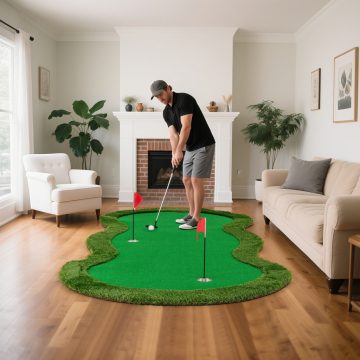   5 x 10 láb golfgyakorlat 3 lyukú zöld szőnyeg elhelyezése és golflabdák az otthoni iroda hátsó udvarára