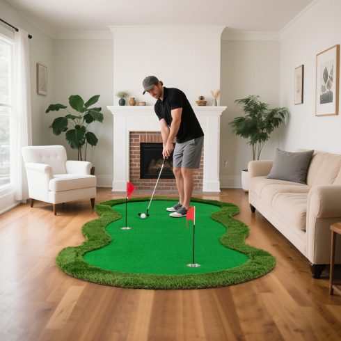 5 x 10 láb golfgyakorlat 3 lyukú zöld szőnyeg elhelyezése és golflabdák az otthoni iroda hátsó udvarára