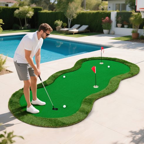 5 x 10 láb golfgyakorlat 3 lyukú zöld szőnyeg elhelyezése és golflabdák az otthoni iroda hátsó udvarára