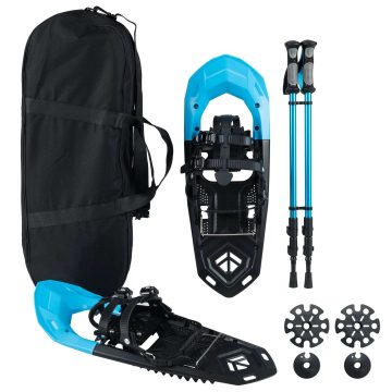   Könnyű Hócipő Készlet 62 CM & Túrázó Botok 90 KG Teherbírással, Állítható Rögzítőhevederekkel és Lábujjdozissal, Kék