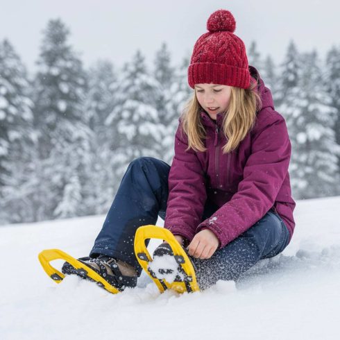 Gyermek hótalp teleszkópos túrarudakkal, állítható racsnis kötéssel, forgatható rúddal, 36 kg teherbírás, sárga