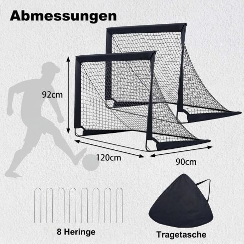 120 x 92 cm-es készlet, 2 db Pop Up futballháló hordtáskával és 8 földi karóval