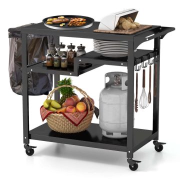   Rolling Grill Cart 3 polcos BBQ kocsi horgokkal és oldalsó fogantyúval - fekete
