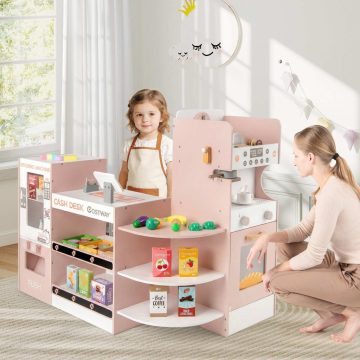   Gyerek élelmiszerbolt játékkészlet, fa színjáték, szupermarket, rózsaszín