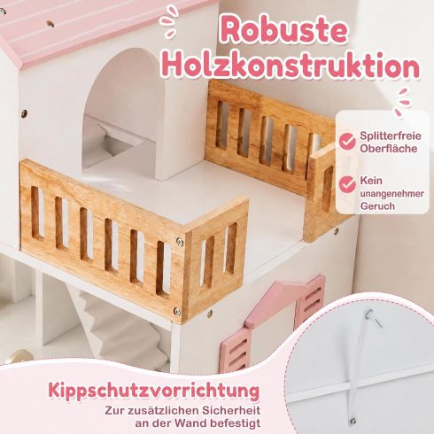 Fából készült babaház 5 szobával és bútor kiegészítőkkel gyerekeknek - Rózsaszín