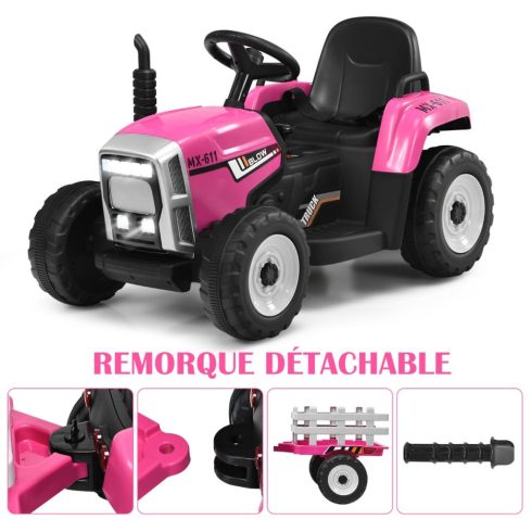 12 V-os gyermek traktor pótkocsival elektromos játékautó 135 x 51 x 53 cm rózsaszín