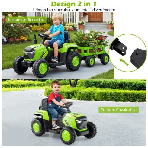12 V-os elektromos traktor levehető pótkocsival és távirányítóval, akkumulátoros traktorjáték gyerekeknek zöld