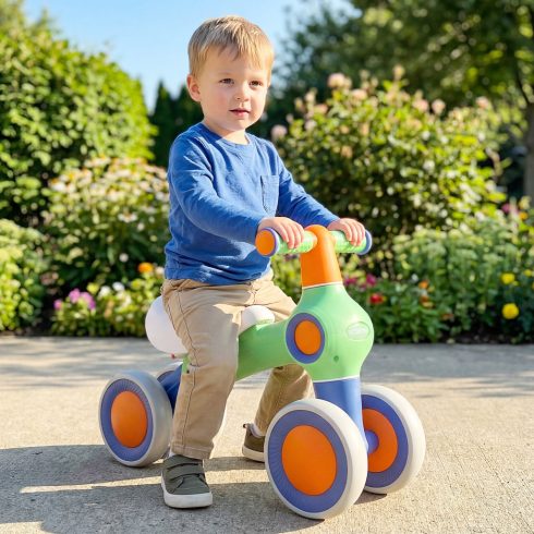 Baba egyensúlyi kerékpár állítható puha üléssel és 4 csendes kerékkel, pedálok nélkül, zöld