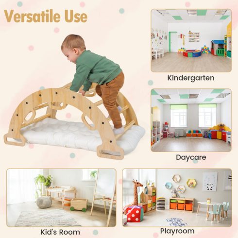 Fából készült hintamászóív Montessori gyerekmászó rocker párnával