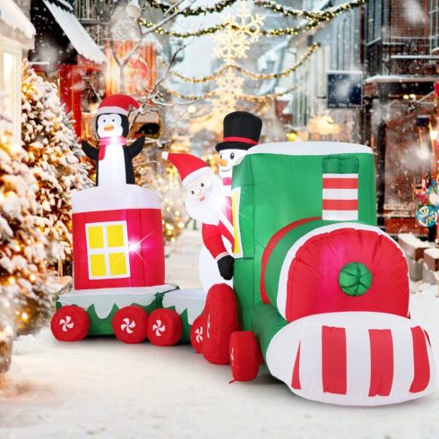 Felfújható karácsonyi vonat Mikulás a keréken, hóember, pingvin, díszdoboz és beépített LED lámpák – karácsonyi dekoráció