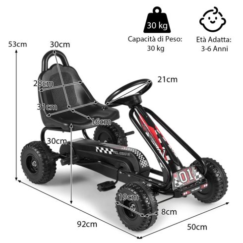 Toy Gokart állítható üléssel és stabil kézifékkel, erős pedálos gokart gyerekeknek, fekete