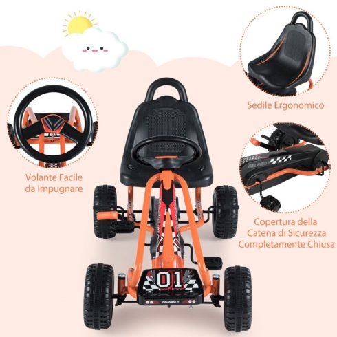Toy Gokart állítható üléssel és stabil kézifékkel, biztonságos, robusztus pedálos gokart gyerekeknek, narancssárga