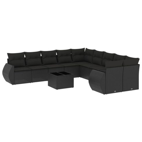 11 részes fekete polyrattan kerti ülőgarnitúra párnákkal