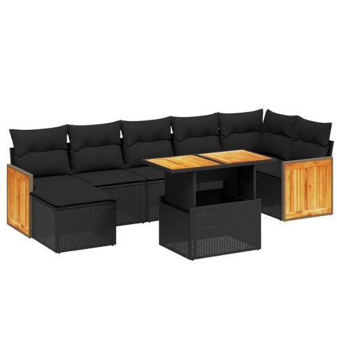 8 részes fekete polyrattan kerti ülőgarnitúra párnákkal