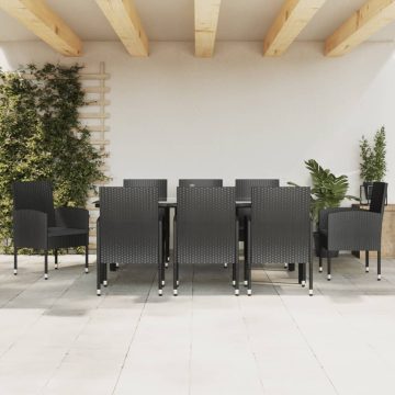   9 részes fekete polyrattan és acél kerti étkezőgarnitúra