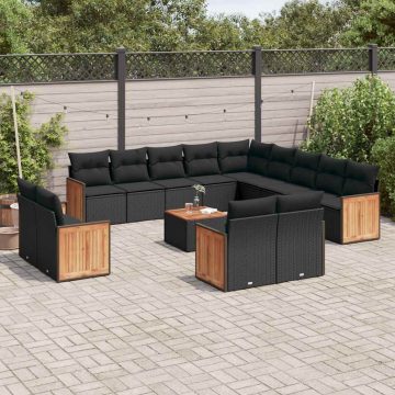   14 részes fekete polyrattan kerti ülőgarnitúra párnákkal