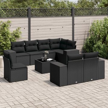   9 részes fekete polyrattan kerti ülőgarnitúra párnákkal