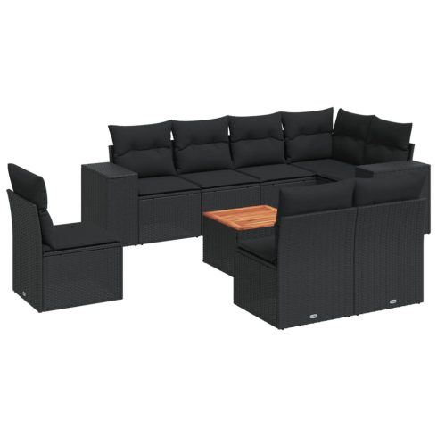 9 részes fekete polyrattan kerti ülőgarnitúra párnákkal