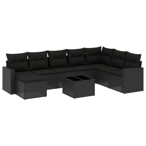 9 részes fekete polyrattan kerti ülőgarnitúra párnákkal