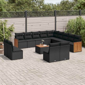   14 részes fekete polyrattan kerti ülőgarnitúra párnákkal