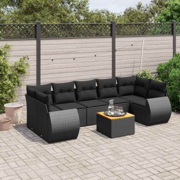   8 részes fekete polyrattan kerti ülőgarnitúra párnákkal