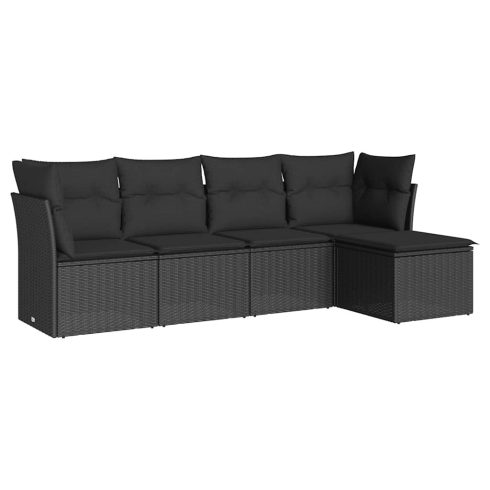 5 részes fekete polyrattan kerti kanapészett párnákkal