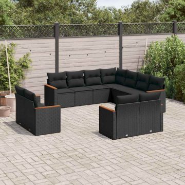   11 részes fekete polyrattan kerti ülőgarnitúra párnákkal